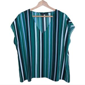 Halogen | Green Pink Black Blue White Stripe Cap Sleeve V-neck Blouse Size XL